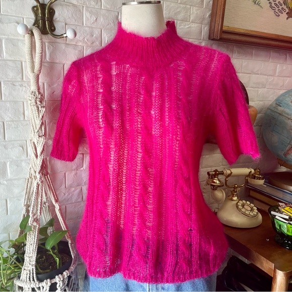 NWT Anthropologie Pink Fuzzy Mohair Blend Open Weave Knit Short Sleeve Sweater - Picture 3 of 13